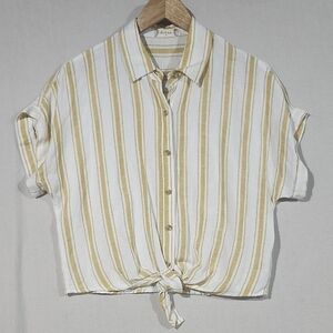 Altar'd State Linen‎ Blend White and Yellow Crop Button Down Shirt Women's M